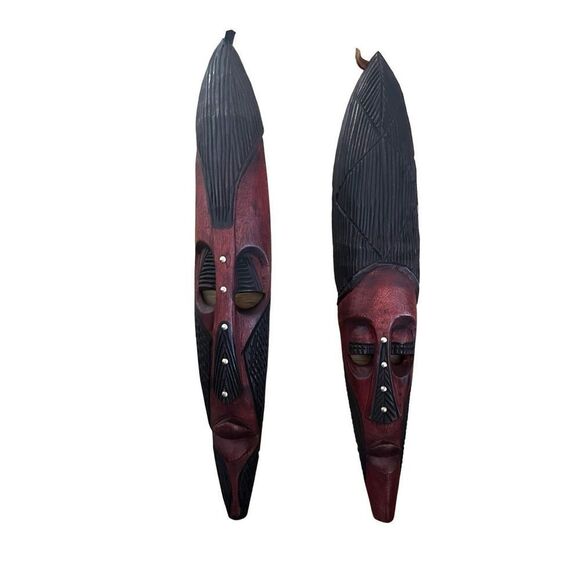 Kenyan African Face Masks with Grommets His and Hers Brown/Black Wood Carved Han - Picture 1 of 7